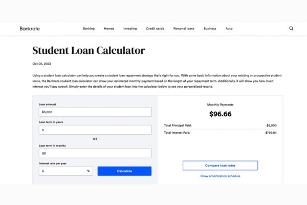 Bankrate’s student loan calculator